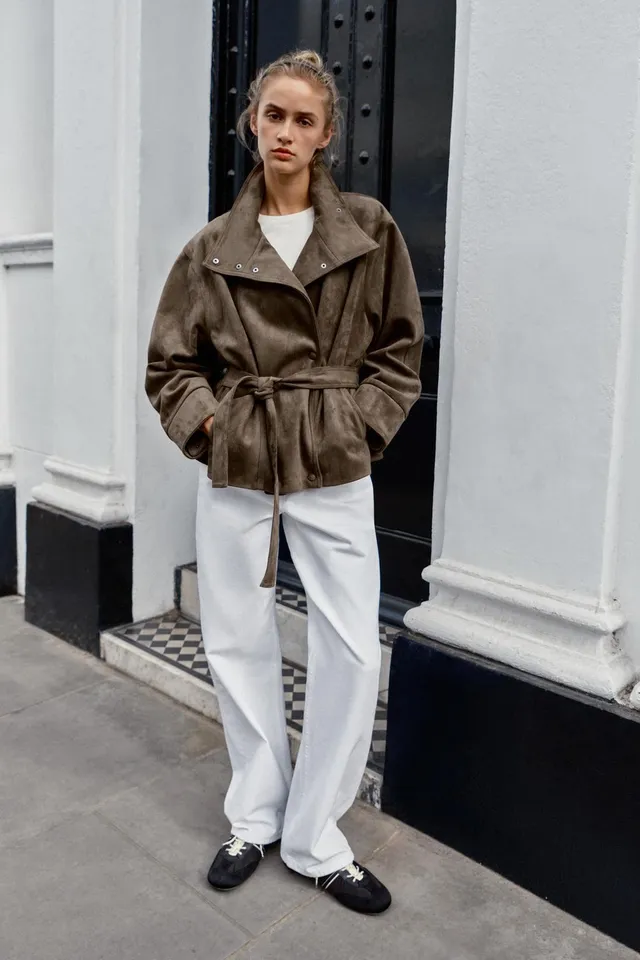 BELTED FAUX SUEDE JACKET