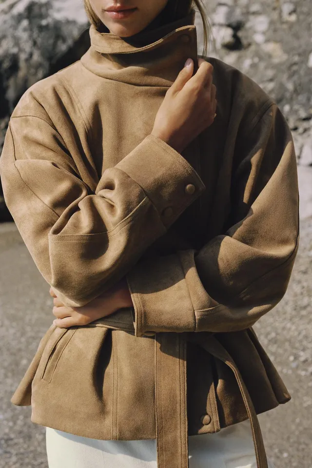 BELTED FAUX SUEDE JACKET