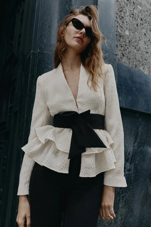 SUEDETTE BELTED BLAZER WITH RUFFLES – image 2