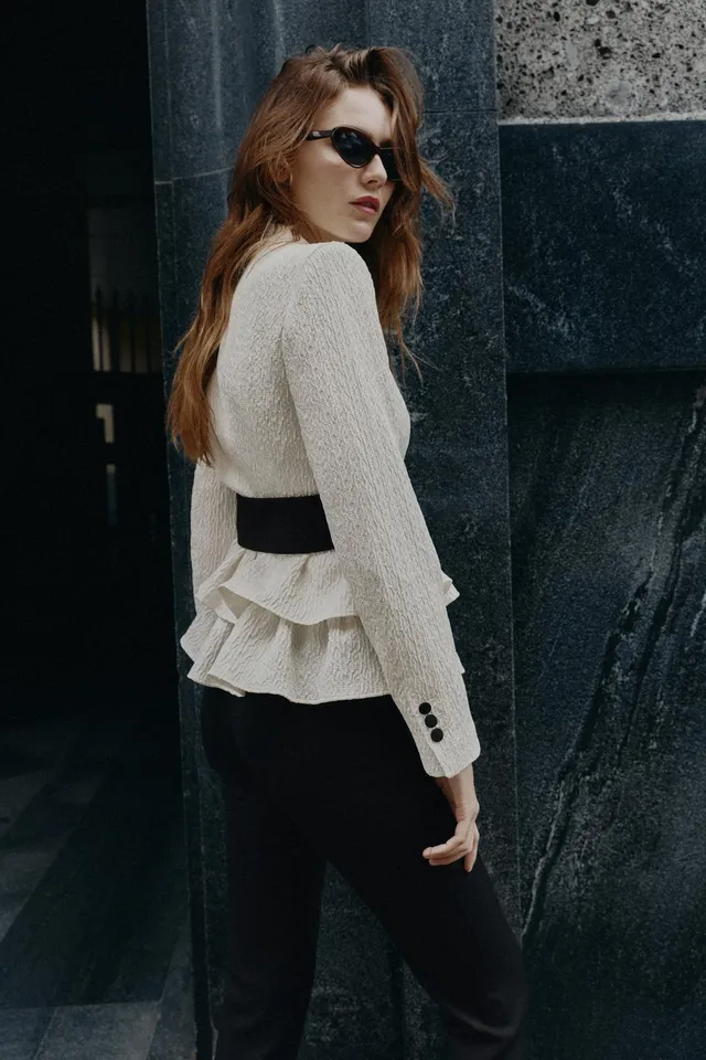 SUEDETTE BELTED BLAZER WITH RUFFLES – image 3