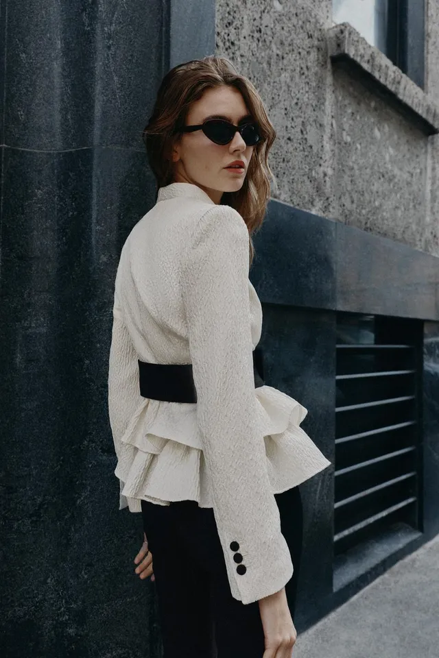 SUEDETTE BELTED BLAZER WITH RUFFLES – image 5