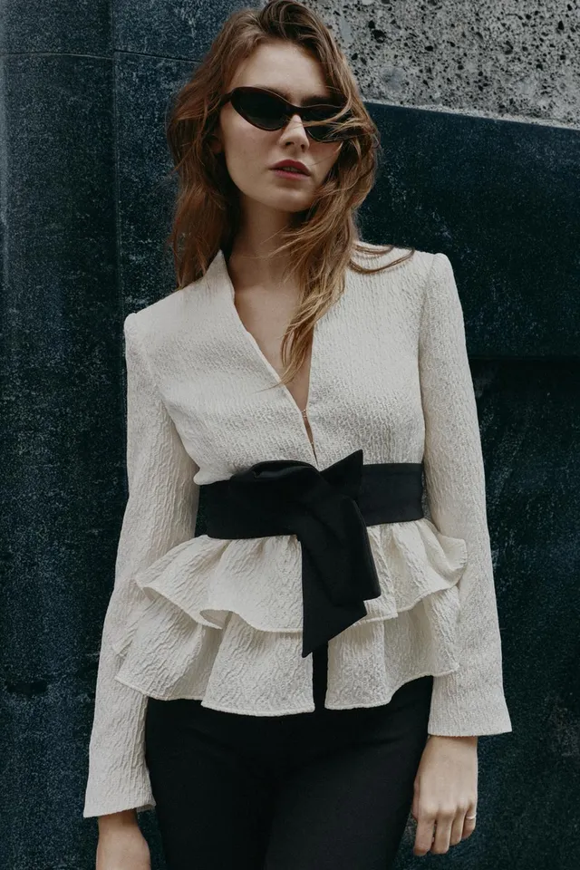 SUEDETTE BELTED BLAZER WITH RUFFLES – image 6