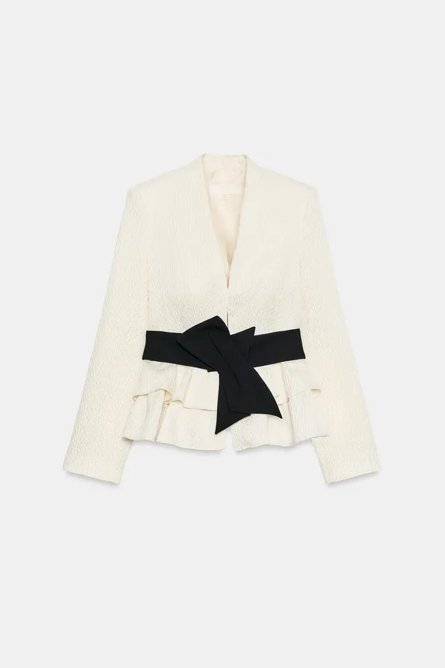 SUEDETTE BELTED BLAZER WITH RUFFLES – image 7