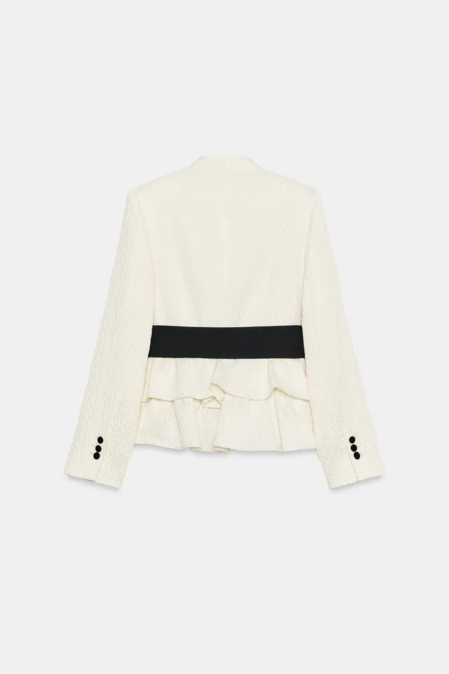 SUEDETTE BELTED BLAZER WITH RUFFLES – image 8