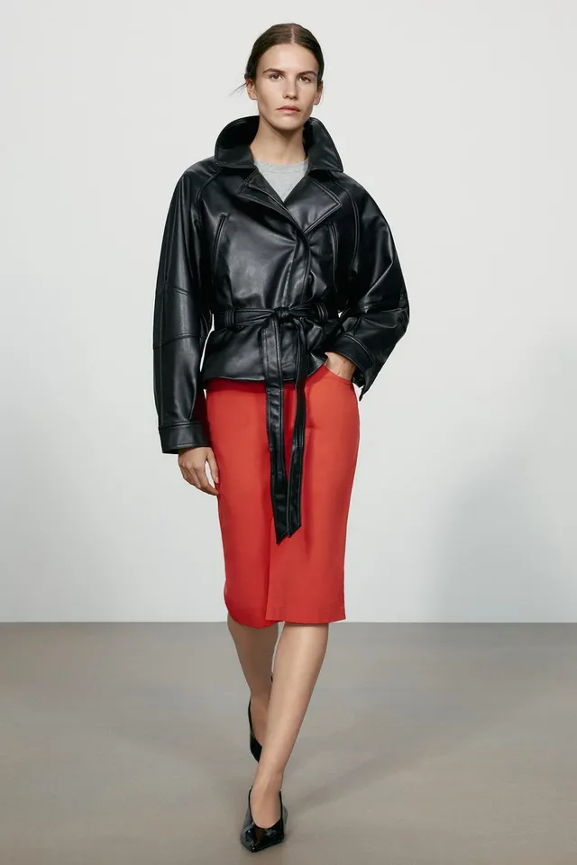 LEATHER EFFECT BELTED JACKET