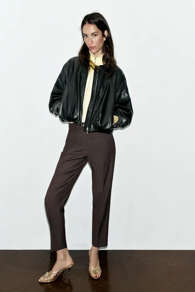 LEATHER EFFECT PUFFBALL BOMBER JACKET