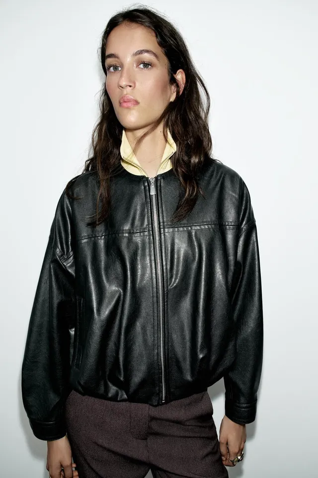 LEATHER EFFECT PUFFBALL BOMBER JACKET – image 2