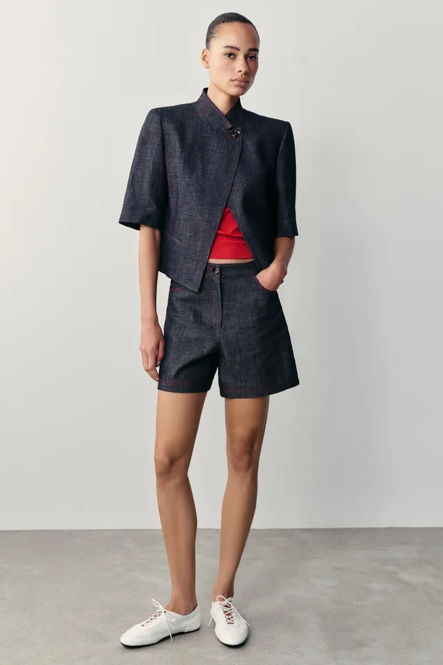 CONTRAST STITCH LINEN BLEND SHORT SLEEVE BLAZER