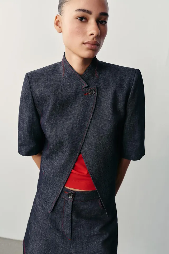 CONTRAST STITCH LINEN BLEND SHORT SLEEVE BLAZER – image 2