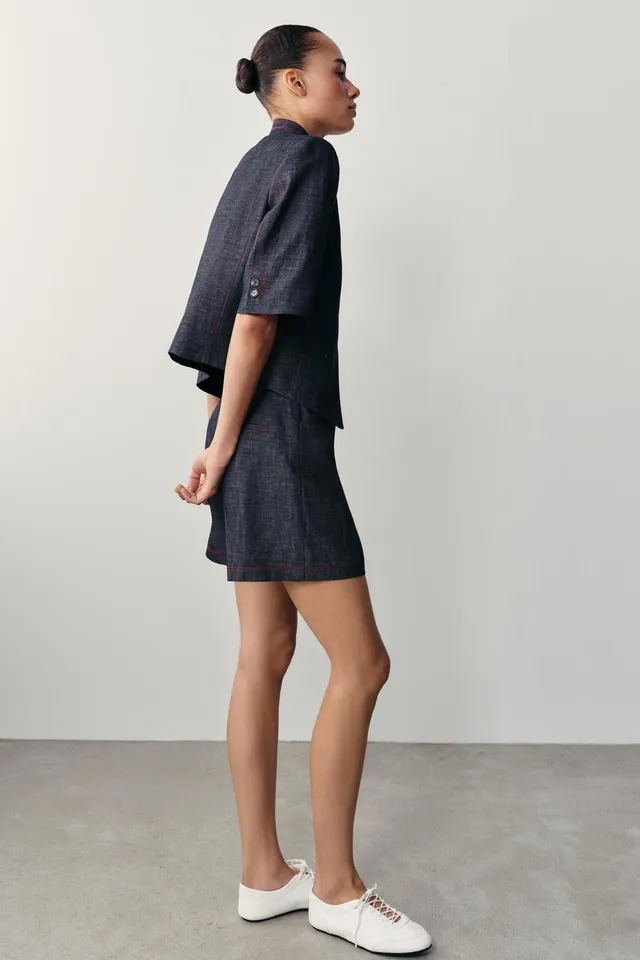 CONTRAST STITCH LINEN BLEND SHORT SLEEVE BLAZER – image 3