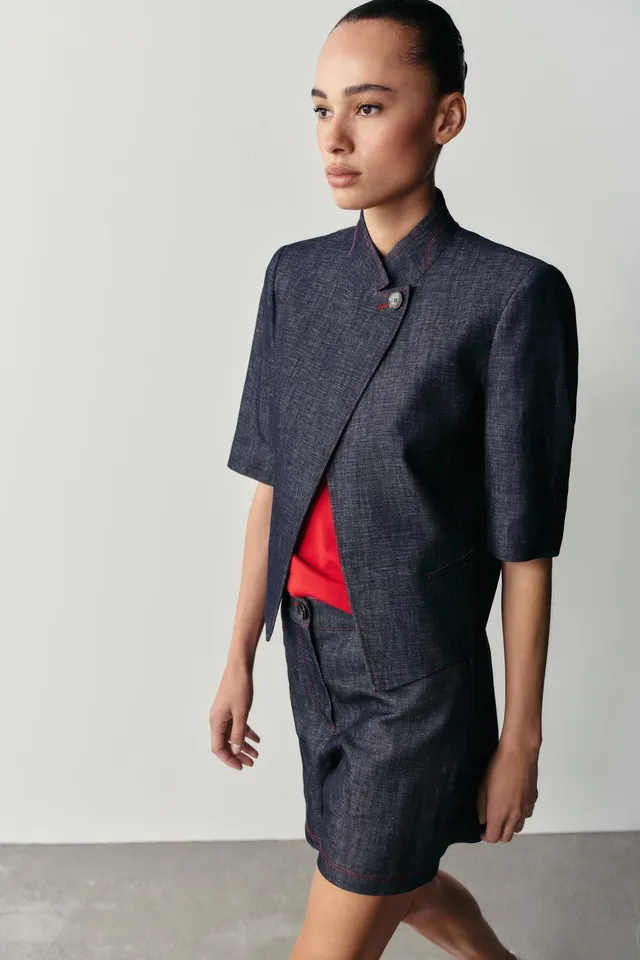 CONTRAST STITCH LINEN BLEND SHORT SLEEVE BLAZER – image 5