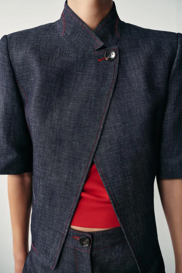 CONTRAST STITCH LINEN BLEND SHORT SLEEVE BLAZER – image 6