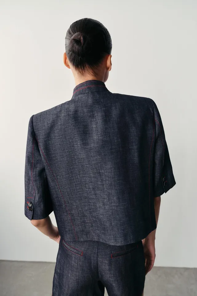 CONTRAST STITCH LINEN BLEND SHORT SLEEVE BLAZER – image 7