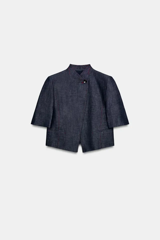 CONTRAST STITCH LINEN BLEND SHORT SLEEVE BLAZER – image 8