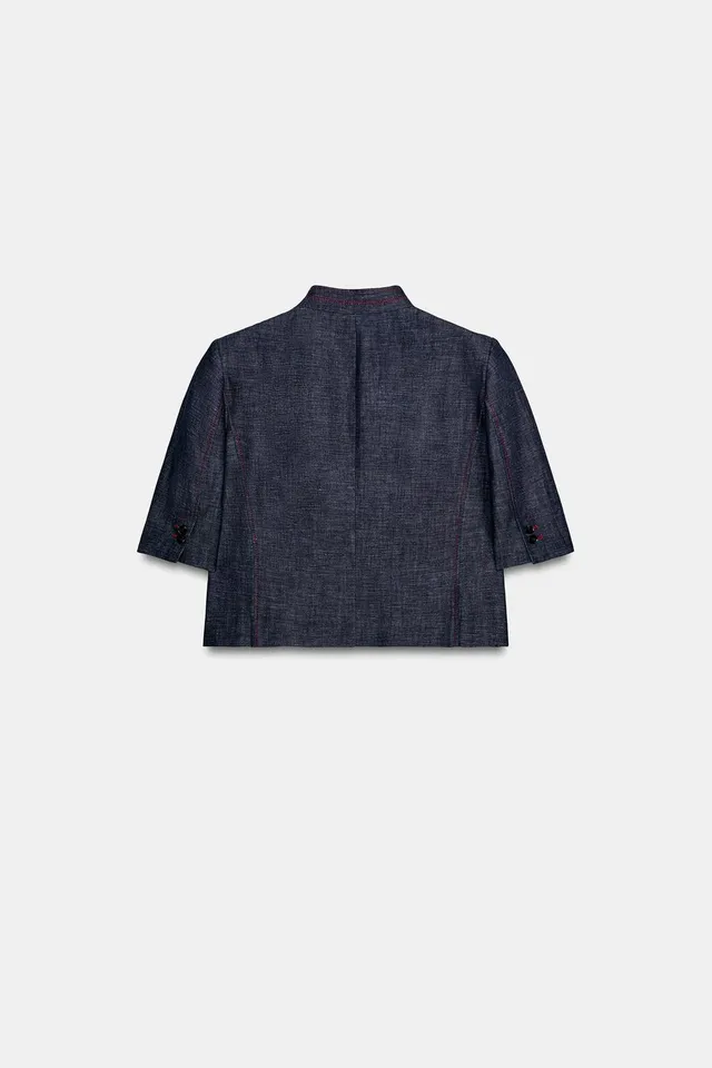 CONTRAST STITCH LINEN BLEND SHORT SLEEVE BLAZER – image 9