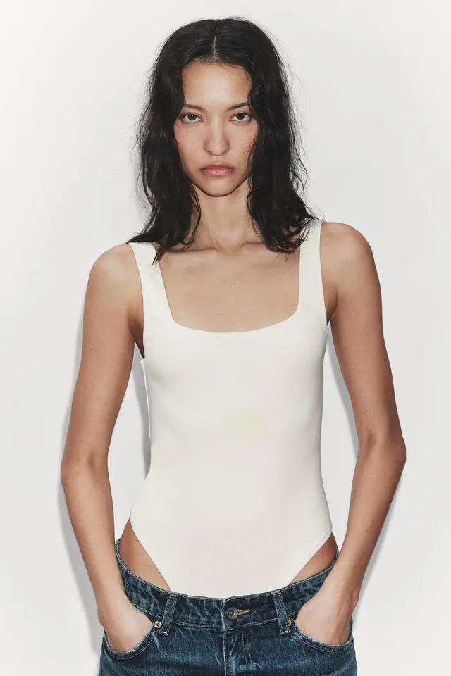 STRETCH BODYSUIT WITH SQUARE NECKLINE