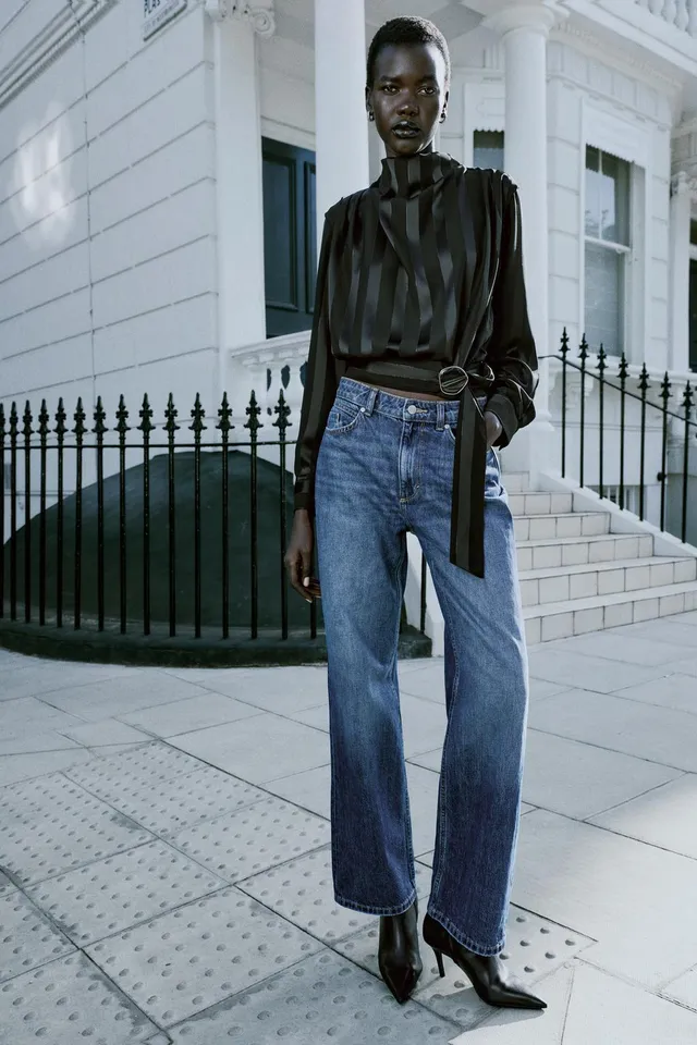 METALLIC THREAD STRIPED BELTED BLOUSE