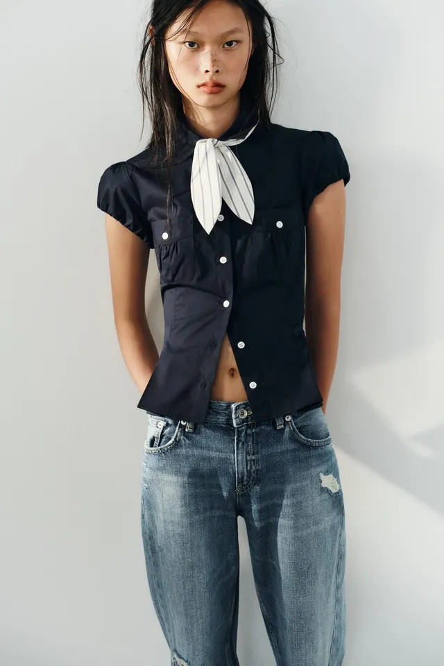 TAILORED SHIRT WITH POCKETS AND SCARF – image 2