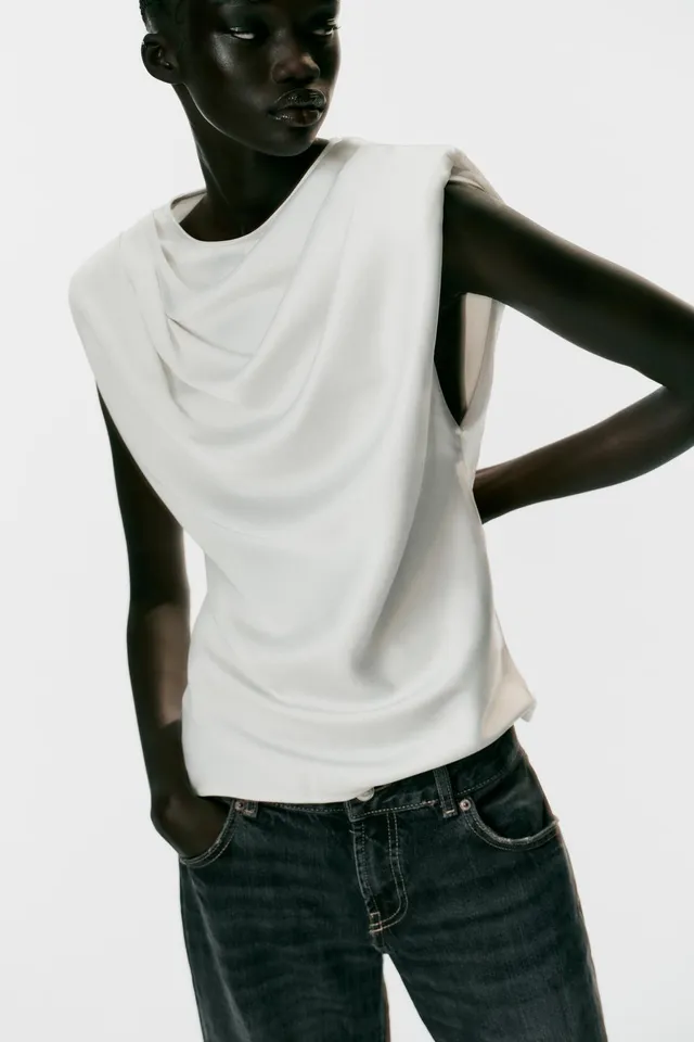 SATIN TOP WITH SHOULDER PADS AND PLEATS – image 2