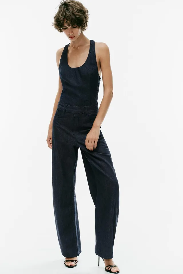 DENIM-EFFECT JUMPSUIT WITH CROSSOVER STRAPS
