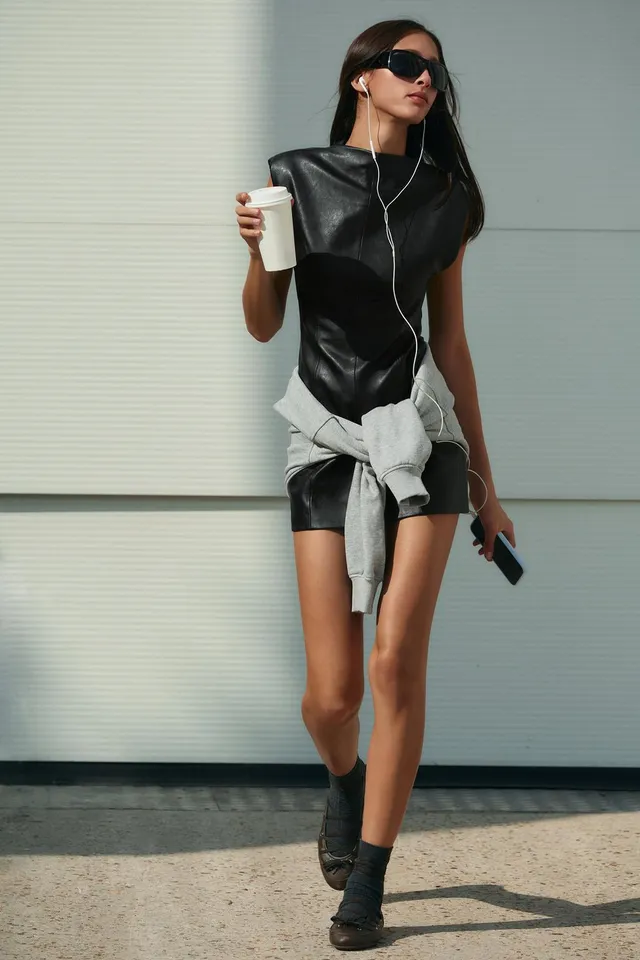 LEATHER EFFECT SHORT DRESS WITH SHOULDER PADS