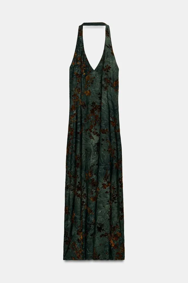 FLOCKED HALTER NECK LONG DRESS – image 4