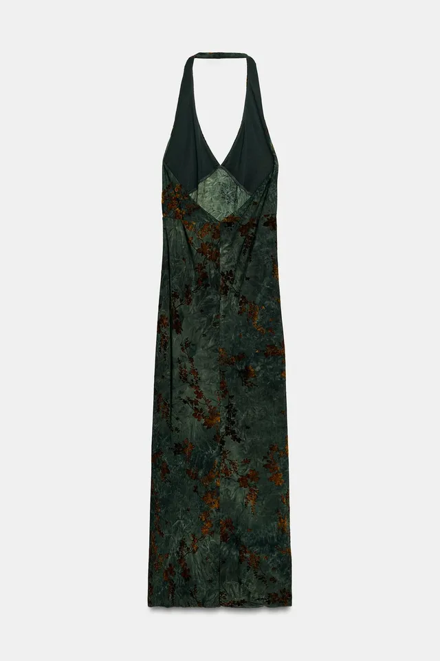 FLOCKED HALTER NECK LONG DRESS – image 5