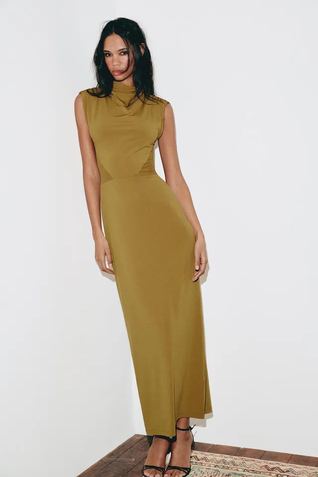 CONTRAST MIDI DRESS WITH SHOULDER PADS