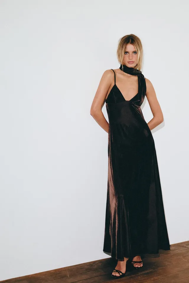 VELVET DRESS WITH SCARF DETAIL