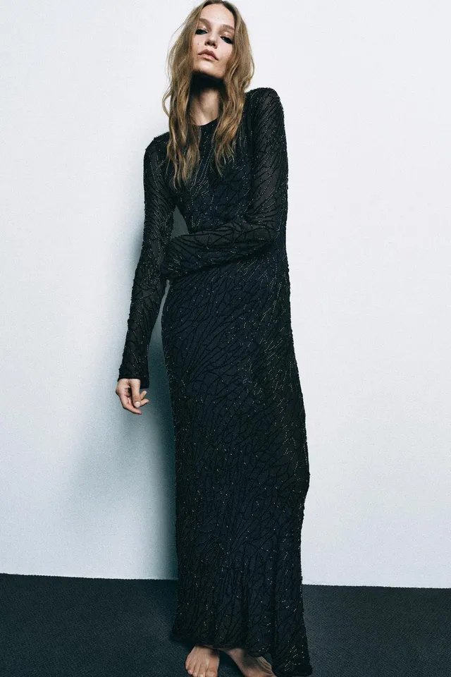 100% VISCOSE BEADED LONG DRESS