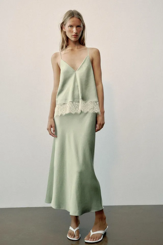 CONTRASTING LACE MIDI CAMISOLE DRESS