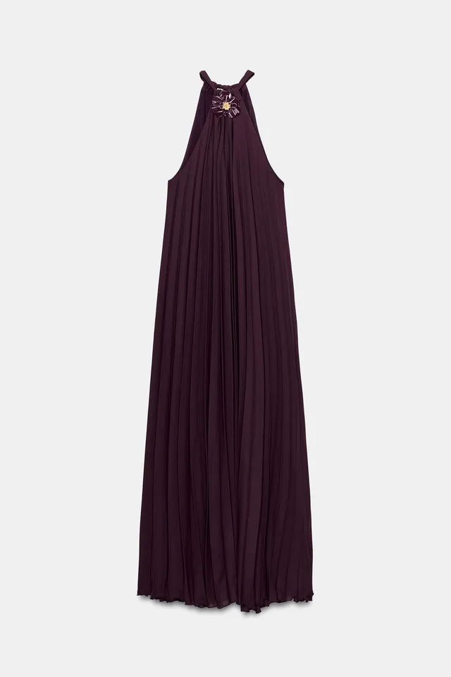 PLEATED MIDI DRESS WITH FLOWER BROOCH – image 6