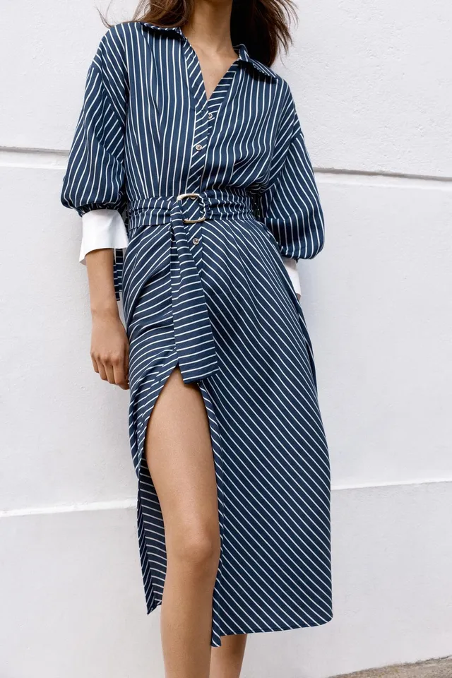 STRIPED BELTED MIDI DRESS – image 2