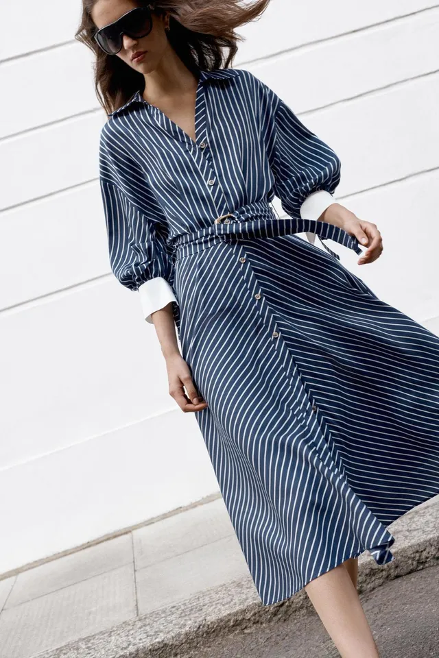 STRIPED BELTED MIDI DRESS – image 3