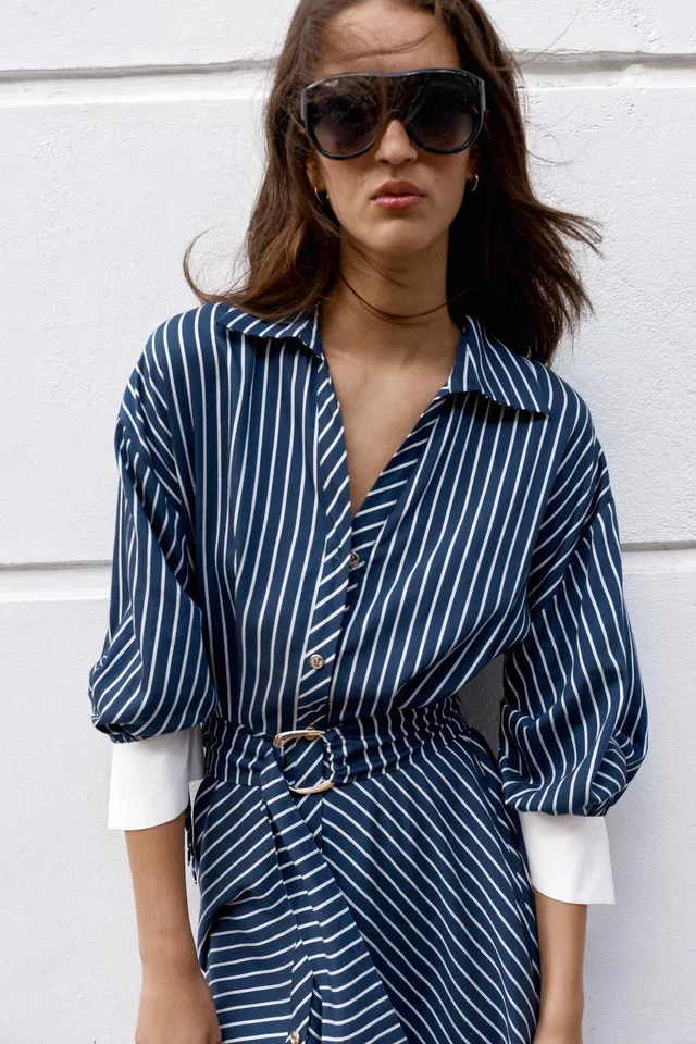 STRIPED BELTED MIDI DRESS – image 4