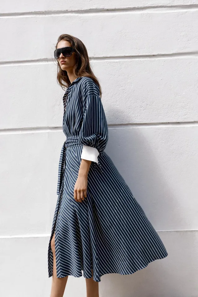 STRIPED BELTED MIDI DRESS – image 5
