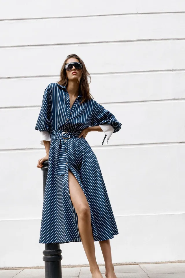 STRIPED BELTED MIDI DRESS – image 8