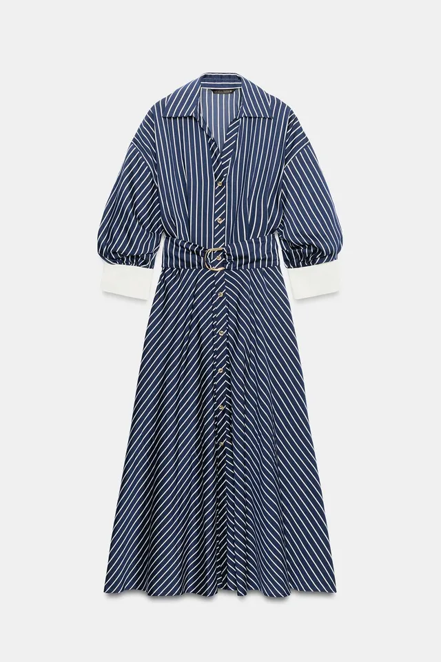 STRIPED BELTED MIDI DRESS – image 9