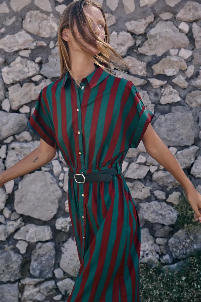 STRIPED BELTED MIDI SHIRT DRESS – image 2