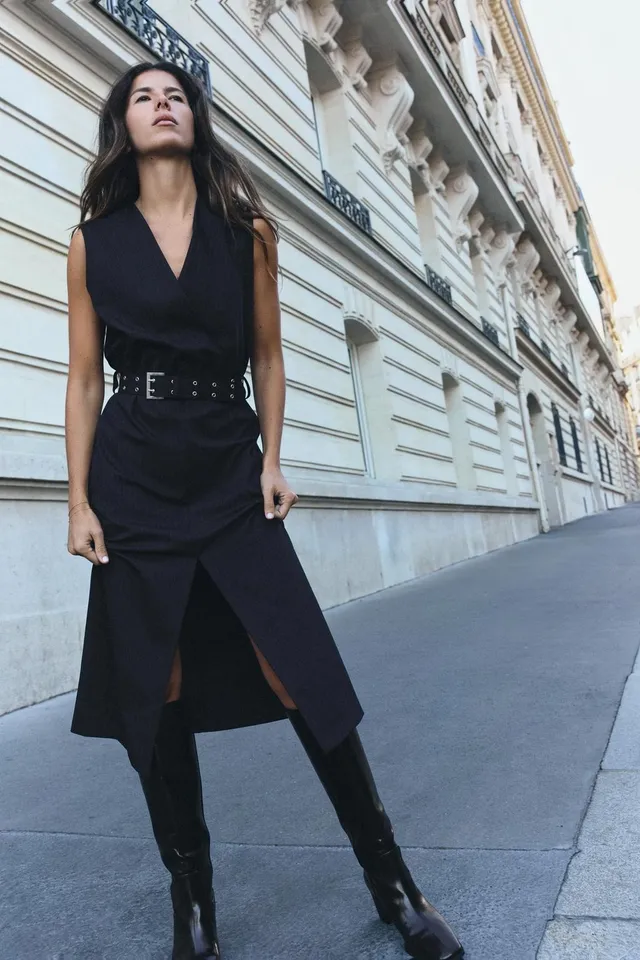 PINSTRIPE BELTED DRESS