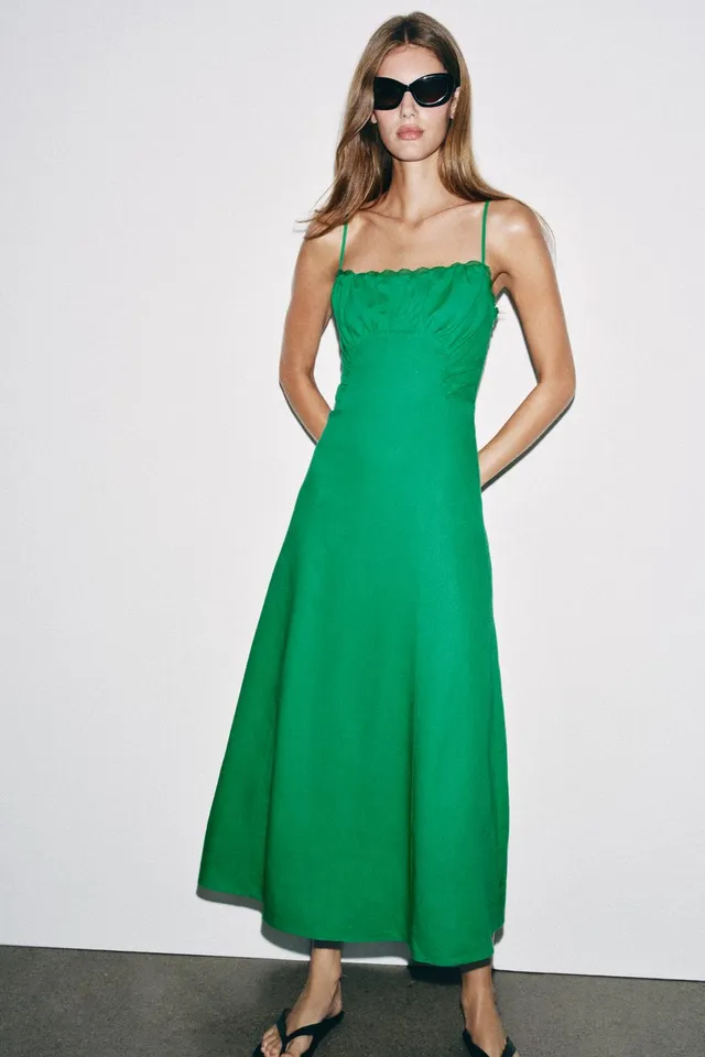 LINEN BLEND STRAPPY MIDI DRESS
