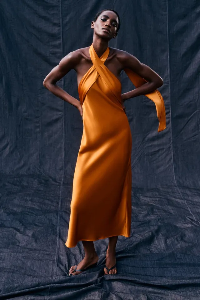 SATIN HALTER MIDI DRESS – image 2