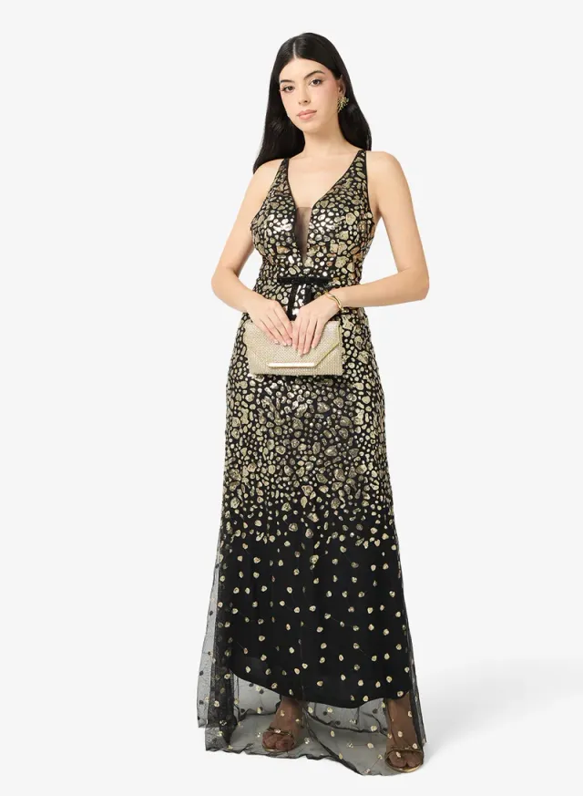 Black and Gold Maxi Fit & Flare Evening Dress with Back Tie-Up – image 4