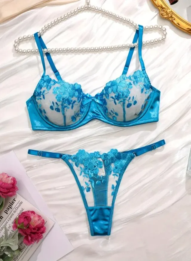 Floral Embroidered Mesh Bra and Brief Set Blue