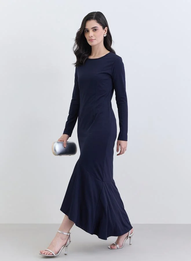 Long Sleeve Mermaid Hem Maxi Dress Deep Navy Blue