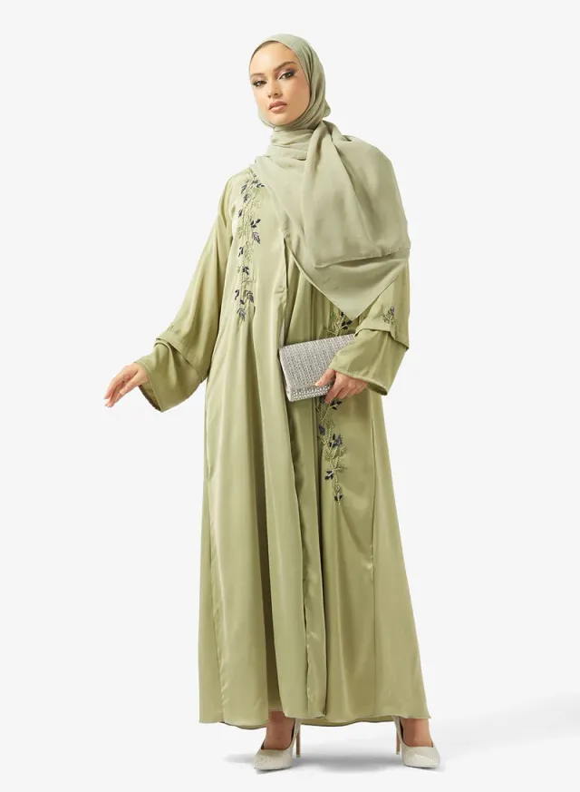 Light Green Embroidered Open Abaya with Sheila - Ramadan Wear – image 5