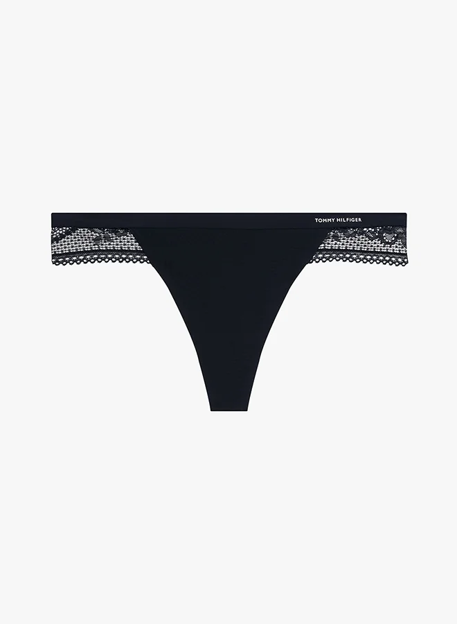 Lace Panel Logo Thong Black