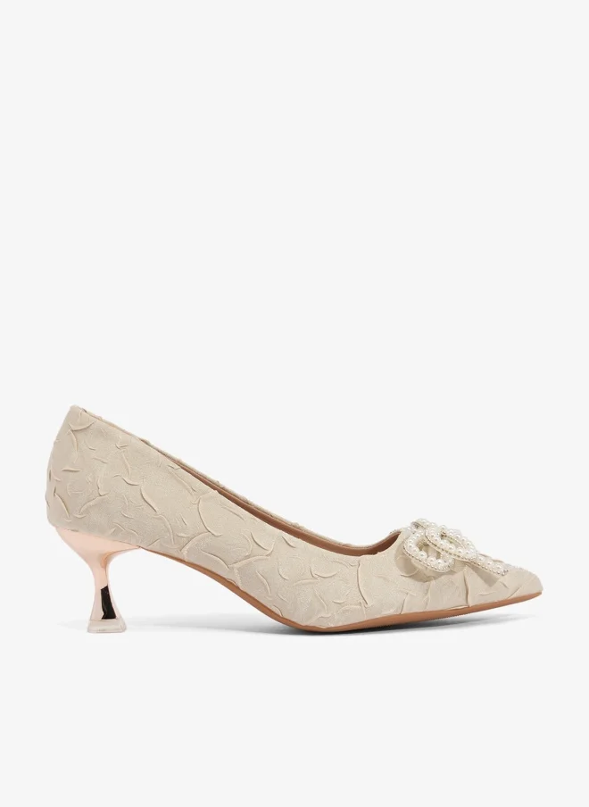 Rhinestone Bow Mid Heel Pumps White