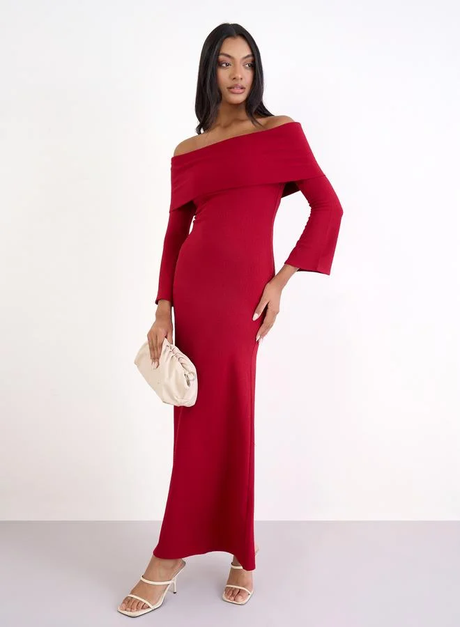 Bardot Neck Maxi Evening Dress Red