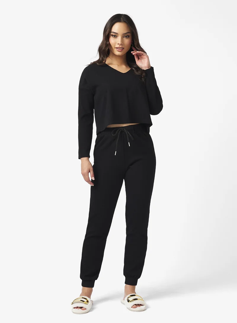 Black V-Neck Fine Knit Jumper & Full-Length Pant Set